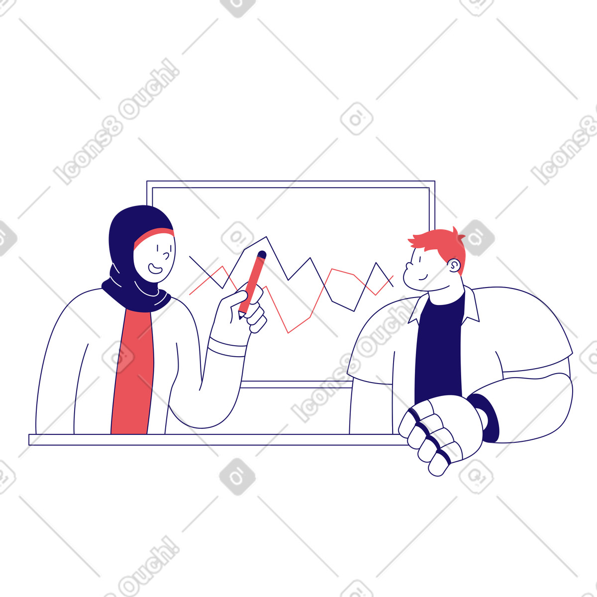 下载 Bendy 风格的 男人和女人讨论白板上的图表 动画插图，支持 GIF、Lottie （JSON）、AE 格式