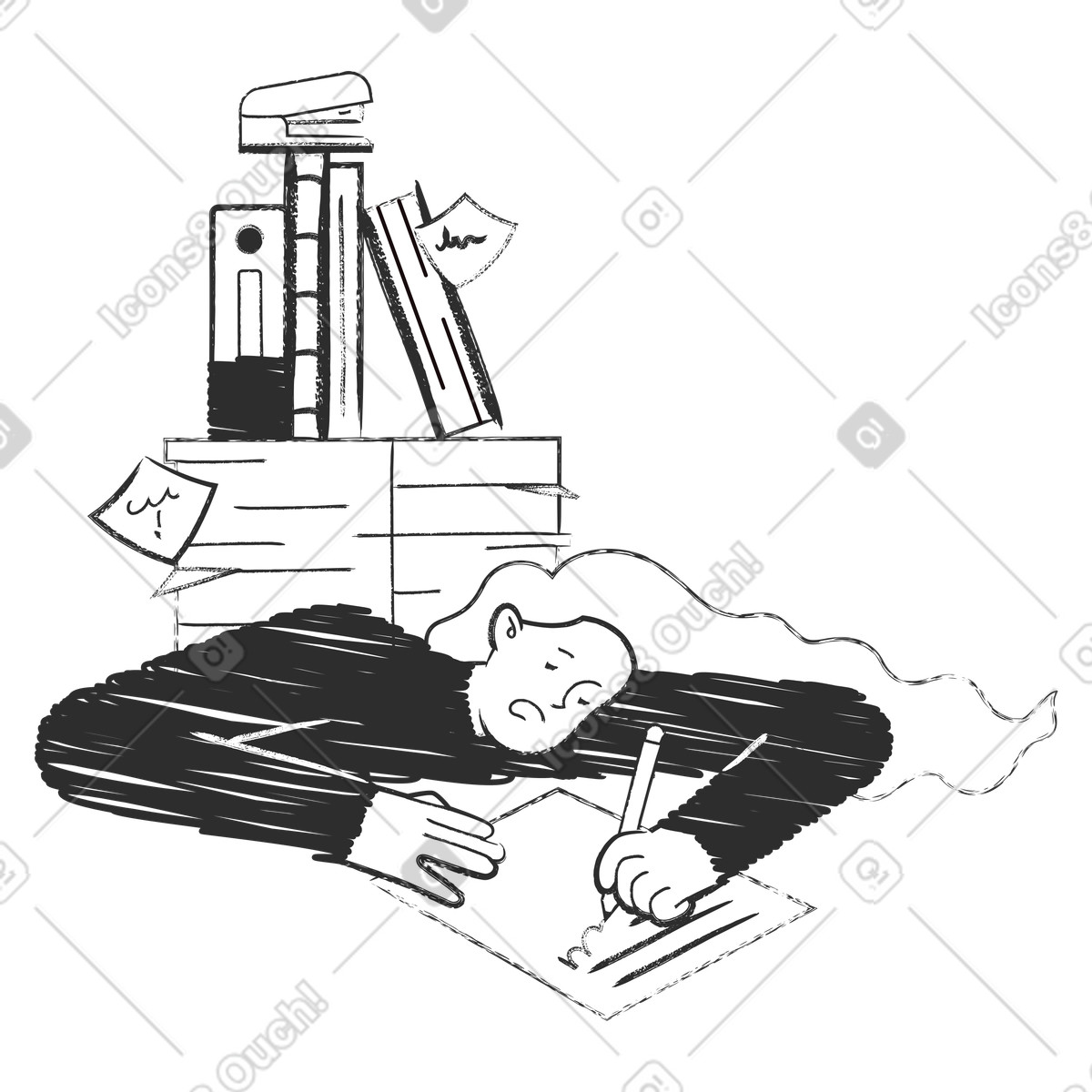 Tired office worker at desk with files and notes, intensive work illustration in Graphite style download in PNG, SVG