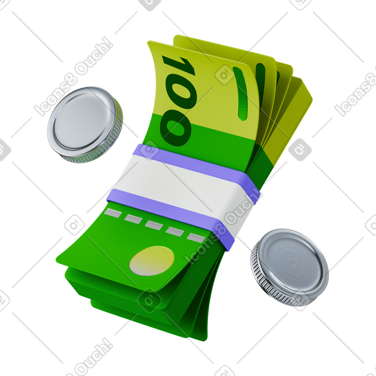 Green cash bundle with coins for financial income illustration in 3D Stickle style download in PNG, SVG
