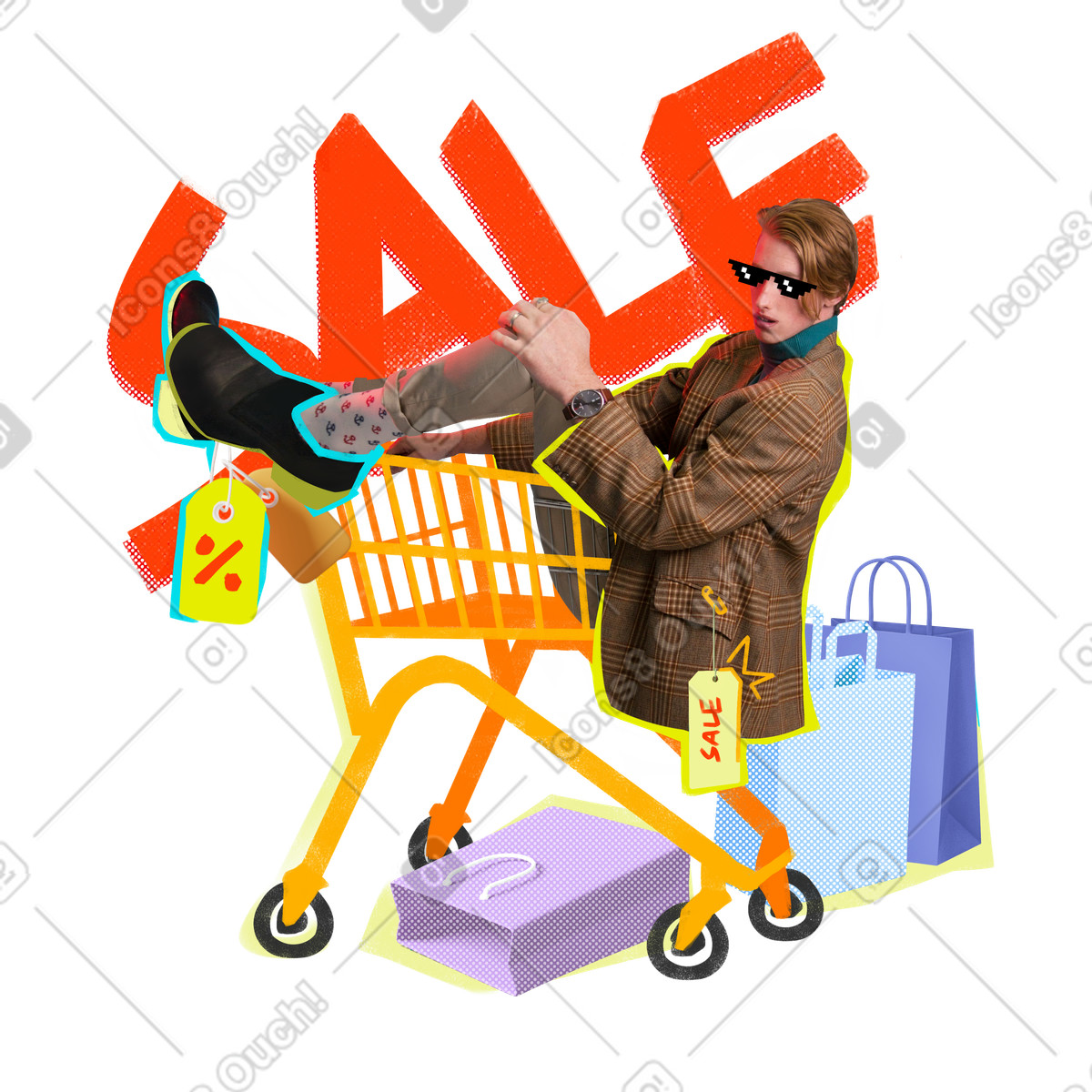 Total sale with stylish male model in shopping cart illustrazione stile Energy scarica PNG, SVG