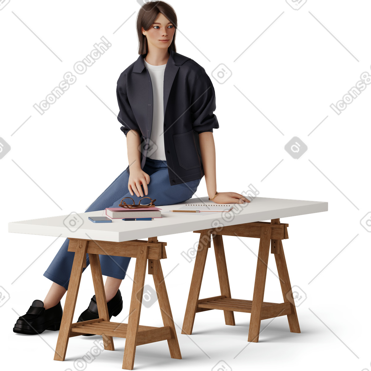 Three quarter view of young woman sitting on the table illustration in Experimental style download in PNG, SVG