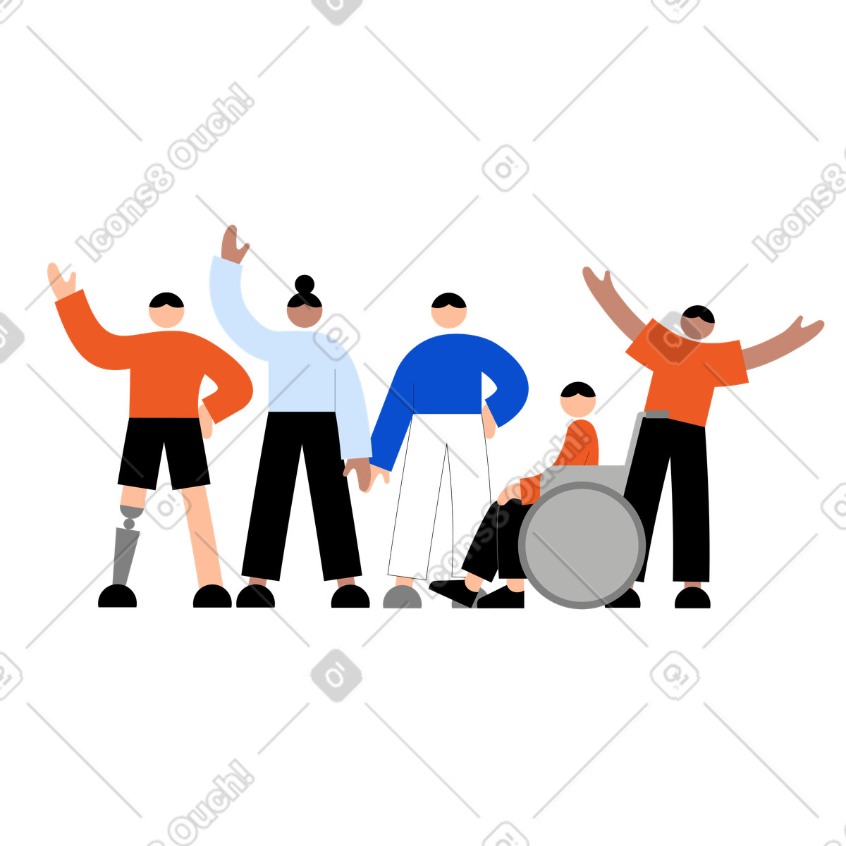 Mixed ability group illustration celebrating together, empowerment and support clipart image in PNG SVG GIF