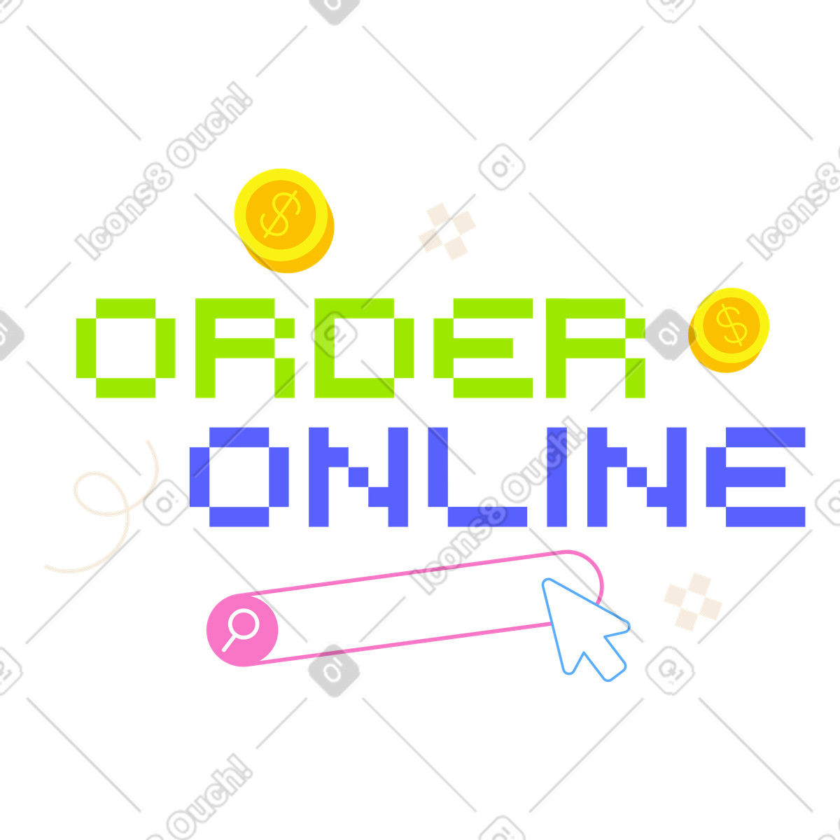 Ordina lettere online con barra di ricerca, cursore e testo delle monete illustrazione animata in stile 8bit scaricabile in GIF, Lottie (JSON), AE