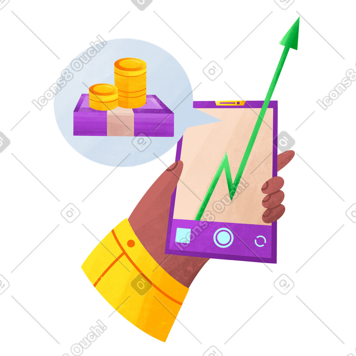 Illustration Investissement mobile en ligne et rentabilité dans le style Bonbon à télécharger aux formats PNG, SVG