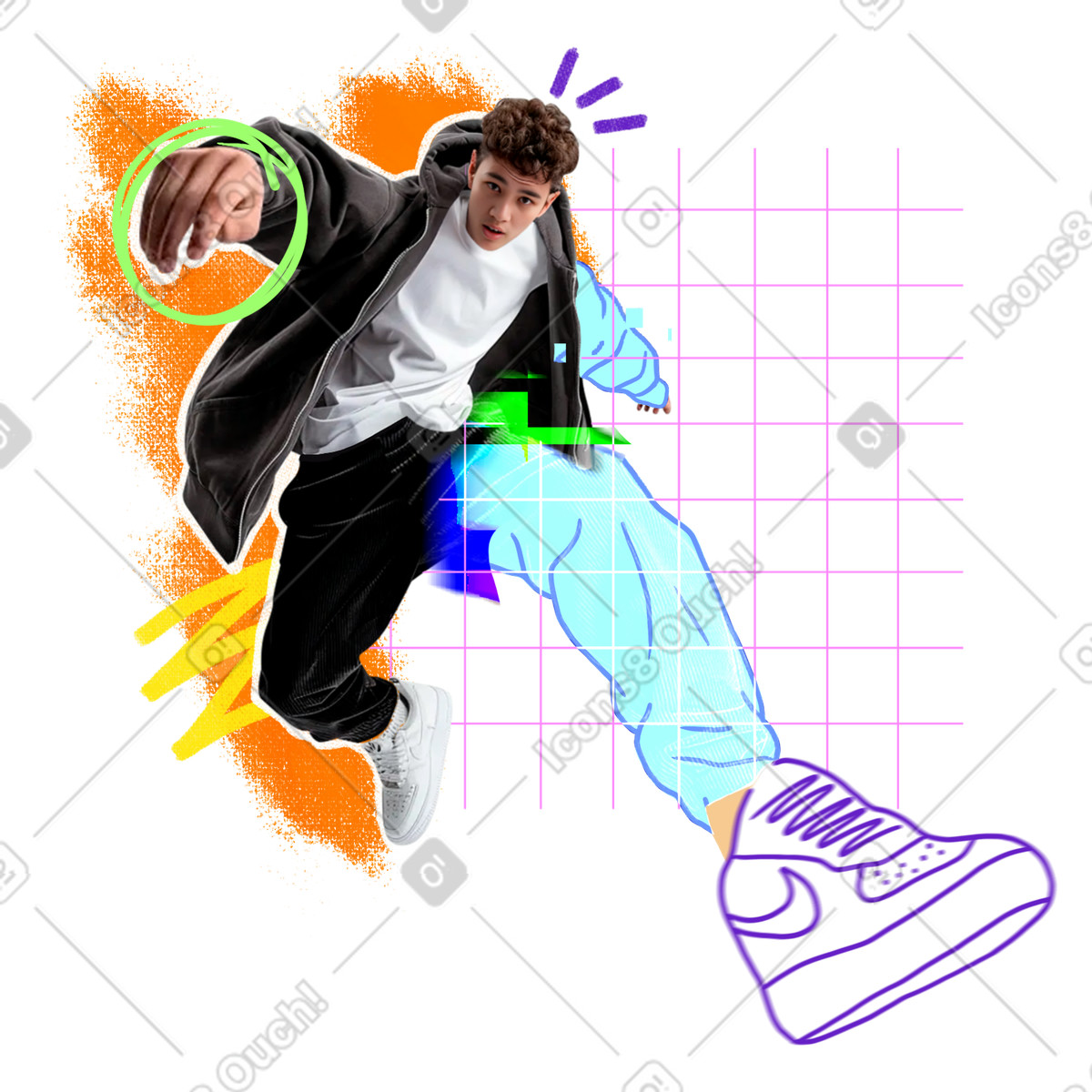 Ilustración Collage de un joven saltando a la realidad virtual en estilo Energy descargar en PNG y SVG