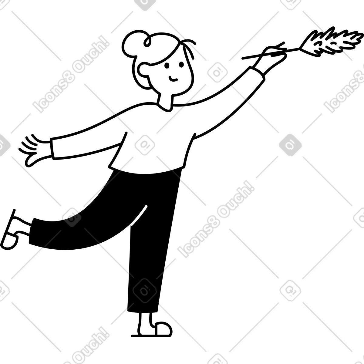 Illustration Housekeeper sweeping dust with feather duster during energetic cleaning routine dans le style Notion Line Art à télécharger aux formats PNG, SVG