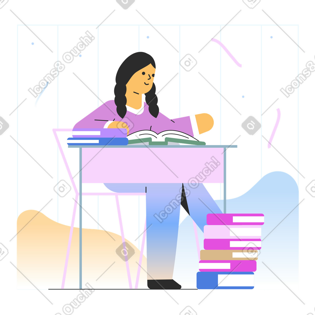 Mädchen, das am tisch mit büchern studiert-Illustration im Marginalia-Stil als Download in PNG, SVG
