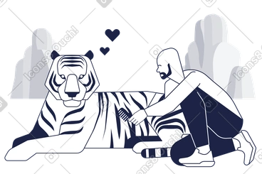 Man grooming a tiger with care PNG, SVG