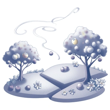 A fantastical landscape filled with various terrains. Scents flow through the air, represented by swirling trails, guiding the viewer's gaze. These trails meander towards an array of fruits hanging from vibrant trees and nestled among lush, blooming flowers. Each fruit is distinct in shape and size, with some resembling apples and others like berries. The flowers vary in petal structure and arrangement, adding to the richness of the scene. The overall composition features a sense of movement and exploration, inviting the viewer to follow the aromatic paths to discover the diverse botanical elements.