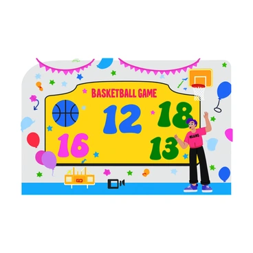 A colorful scoreboard displaying "Kids Basketball Game" at the top in bold, bright letters. The scoreboard features cheerful graphics, such as basketballs and stars, surrounding the numbers. The score is shown prominently, with one team having a score of "12" and the other team "8". Below the scores, a playful cartoon character in a basketball outfit is cheering. The background is filled with vibrant decorations, including balloons and streamers, adding to the festive atmosphere of the community center. The scoreboard is mounted on a wall with a basket hoop visible in the background.