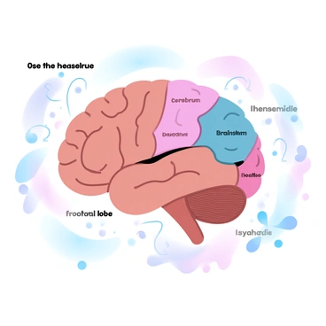 A cross-sectional view of the human brain is prominently displayed. The brain is illustrated in vibrant colors highlighting various regions. Labeled parts include the "cerebrum," "cerebellum," "brainstem," and "frontal lobe." Each section is distinctly marked with clear labels. Surrounding the brain are diagrams of neural pathways and synapses, showcasing additional anatomical details. The background features subtle gradient pastel colors that enhance the clarity of the brain's structure.