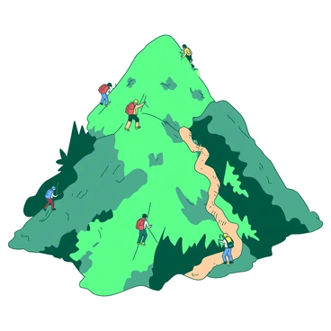 A tree-shaped mountain with a textured green surface and various trails winding around it. Several groups of hikers are scattered along different paths, wearing colorful outdoor gear. One group is climbing up a steep rock face on the left, while another is navigating a winding dirt path through lush foliage on the right. There is a third group using ropes to descend a vertical section of the mountain. Each trail is distinct, showcasing different traversal methods against the vibrant backdrop of the mountain's unique shape.