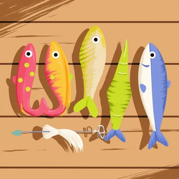 A collection of fishing lures designed for largemouth bass displayed on a wooden surface. The lures are vibrant in color, featuring shades of red, yellow, green, and blue. Each lure has distinct characteristics, such as reflective surfaces, feathered hooks, and intricate patterns. The arrangement includes a topwater lure with a floating design, a crankbait with a diving shape, and a jig adorned with a soft tail. Sunlight casts shadows on the wooden surface, highlighting the details and textures of each lure.