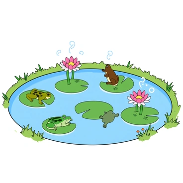 A small pond with clear water reflecting the sunlight. The surface is dotted with several green lily pads, some supporting vibrant pink and white flowers. A few frogs, one green and another brown, are perched on the lily pads, with one frog leaping gracefully above the water. Wisps of steam are rising from the surface of the pond, indicating the warmth of the sun shining overhead. Surrounding the pond, there are patches of green grass and a few small wildflowers adding color to the scene.