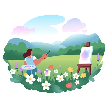 An expansive field filled with a variety of wildflowers, showcasing colors like purple, yellow, and red. In the foreground, an artist is standing on an easel, painting the vibrant landscape. The artist is holding a paintbrush in one hand and has a palette full of colors in the other. The background features rolling hills covered in lush greenery. The sky above is a gradient of soft blues and pinks, suggesting a serene atmosphere. The artist’s canvas captures the beauty of the wildflowers in full bloom.