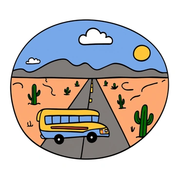An American bus with a vibrant design is cruising along a long, straight desert highway. The bus is painted in bright colors, standing out against the surrounding sandy terrain. In the background, there are distant mountains under a clear blue sky with a few fluffy white clouds. The sun is shining brightly, casting soft shadows on the road. Cacti and sparse vegetation can be seen along the sides of the highway, emphasizing the desolate yet picturesque landscape.