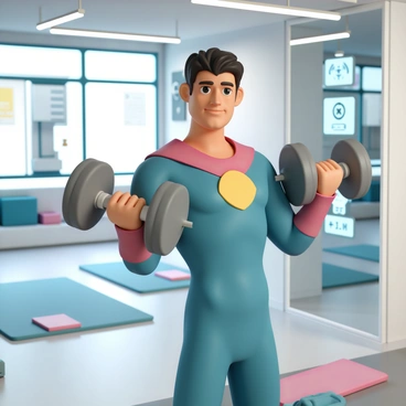A superhero character, wearing a tight-fitting blue and red costume with a yellow emblem on the chest, is performing lateral raises in a brightly lit, high-tech training facility. The superhero's muscular physique is highlighted as they lift two heavy, metallic dumbbells to the side. The room features futuristic equipment, with screens displaying training stats in the background. A large mirror reflects the superhero's determined expression as they focus on their workout. The floor is made of polished gray tiles, and there are various exercise mats and weights neatly arranged around the space.