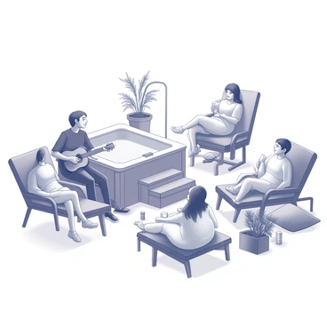 A musician playing a guitar next to a hot tub while others relax and listen