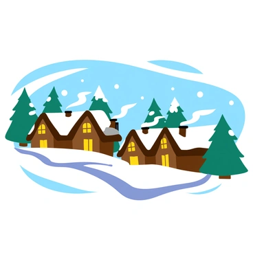 A quaint village nestled in a snowy landscape. The houses are constructed with dark wooden beams and feature sloped roofs blanketed in white snow. Twinkling yellow lights adorn the eaves of the buildings, creating a warm glow against the cold backdrop. Puffs of smoke rise from the chimneys, curling into the crisp winter air. Snowflakes gently fall from the sky, adding to the pristine layer covering the ground. Several evergreen trees stand tall in the background, dusted with snow.
