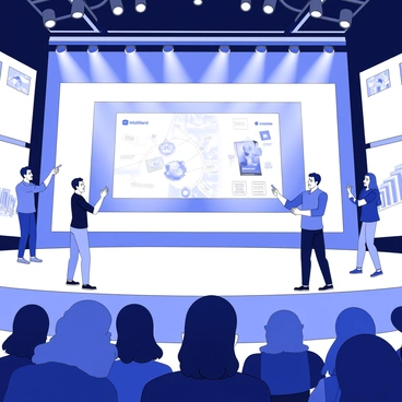 A grand stage is set up at a video game conference. In the center, there is a large screen displaying vibrant graphics related to a new game. A group of developers stands on stage, engaged in a presentation. Each developer holds a microphone and is pointing towards the screen, illustrating key features of the game. The audience is visible in the foreground, with attentive faces looking towards the stage. Bright lights illuminate the stage area, highlighting the developers and the presentation screen. Behind the developers, there are banners promoting the game.