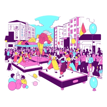 A vibrant city parade features colorful floats decorated with bright flowers and festive banners. Dancers in elaborate costumes are performing lively routines alongside the floats, showcasing their movements with energy and enthusiasm. The crowd, consisting of people of various ages, is gathered along the streets, cheering and clapping, some waving flags and others holding up their smartphones to capture the excitement. Balloons of different shapes and sizes are scattered throughout the scene, adding to the festive atmosphere of the parade.