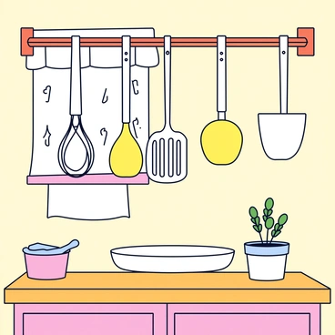 An assortment of kitchen utensils is hanging from a wooden rack in a cozy kitchen. The utensils include a whisk, a spatula, and a ladle, all rendered in playful line work. The kitchen has warm-colored walls and a small window with curtains drawn back, allowing light to filter in. A wooden counter is visible below the rack, adorned with a small potted herb for added detail.