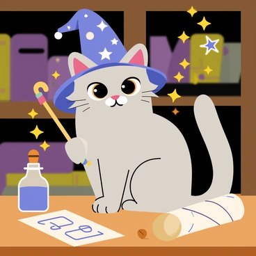 A fluffy gray cat wearing a tall, pointy wizard hat decorated with stars and moons is sitting on a wooden table. The cat's eyes are wide with concentration as it holds a glowing wand in its paw. Bright sparks of magic swirl around the wand, creating a vibrant display of colors in the air. A small potion bottle with a cork lies on the table next to the cat, and a parchment scroll covered in mysterious symbols is partially unrolled beside it. The background features shelves filled with books and mystical objects, adding to the enchanted atmosphere.