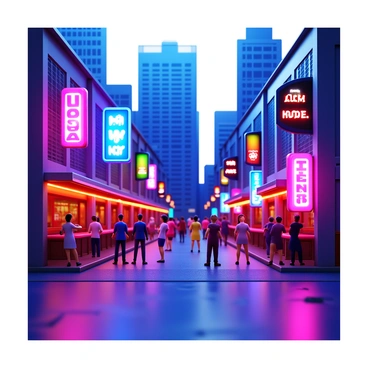 A 3D depiction of a city nightlife scene featuring "neon lights" illuminating the streets. There are "lively bars" with vibrant signs. Groups of "dancing crowds" are visible, enjoying the evening. Skyscrapers rise in the background, creating a bustling urban atmosphere. The ground is wet, reflecting the "neon colors" from above, enhancing the lively vibe of the scene.