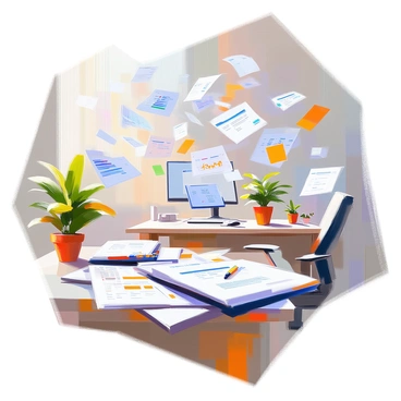 A busy office space filled with desks and computers, with a whirlwind of audit paperwork swirling around in the air. The papers are various sizes, featuring numbers, graphs, and text, catching the light as they spiral and flutter. In the background, there are potted plants and office supplies scattered on the desks. The atmosphere conveys a sense of urgency and motion, with some papers appearing close to the foreground while others are higher up in the air.