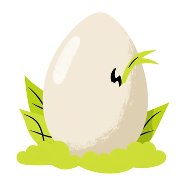 A large, textured dinosaur egg with a speckled surface, resting on a patch of green foliage. The egg is predominantly pale green with darker mottled patterns. A small dinosaur claw is emerging from a crack in the egg, revealing sharp, pointed digits. The background consists of lush tropical plants, adding to the prehistoric setting. The scene captures the moment of hatching, with light reflecting off the cracked egg shell.