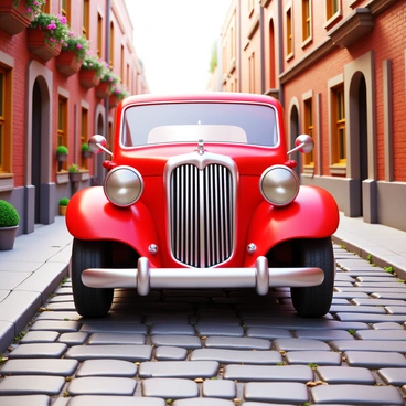 A vintage car with a shiny red exterior driving away from the viewer, its chrome details sparkling in the sunlight. The car's headlights are round and classic, while the tires are thick and robust. The cobblestone street is uneven and textured, with worn stones in various shades of gray and brown. Surrounding the street are charming old buildings with brick facades and wooden shutters, some with flower boxes beneath their windows. A few scattered leaves are seen along the edge of the street, hinting at a light breeze.
