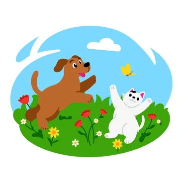 A pair of playful animals, a brown puppy with floppy ears and a fluffy white kitten, are frolicking in a vibrant green meadow. The puppy is leaping joyfully, with its tongue out and tail wagging, while the kitten playfully swats at a fluttering butterfly, its fur shining in the sunlight. Colorful wildflowers, including red poppies and yellow daisies, dot the meadow around them, creating a lively backdrop. A few fluffy white clouds float in the bright blue sky above.