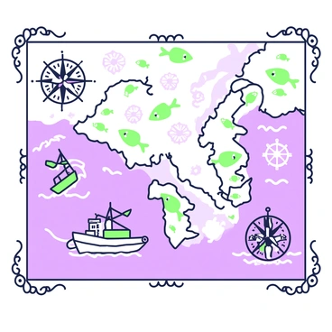 A vintage-style map is laid out, showcasing various hotspots for tuna fishing. The map features an intricate coastline with detailed representations of seas and oceans. Each hotspot is marked with a distinct symbol, resembling a small fish, in green. Nearby, there are illustrations of fishing boats with nets, indicating fishing activity. The compass rose is visible in the corner, embellished with ornate designs. Waves are illustrated in purple, adding a dynamic feel to the map. Along the borders, there are decorative motifs that enhance the vintage theme.