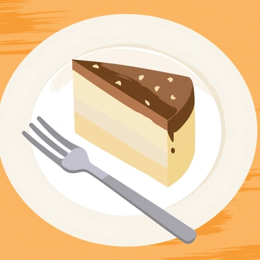 A single slice of "gateau" placed on a simple white plate. The slice has a smooth, shiny chocolate frosting on top and is adorned with small chocolate shavings. A silver fork lies next to the slice. The cut edge of the cake reveals "creamy layers" of vanilla and chocolate mousse, showcasing their rich textures. The plate sits on a wooden table, with soft, diffused lighting illuminating the dessert.