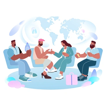 A group of travelers is gathered in an airport lounge, exchanging souvenirs from their recent trips. One traveler is holding a colorful scarf adorned with intricate patterns, while another displays a small wooden statue. A third traveler is showcasing a set of traditional magnets featuring famous landmarks. The lounge is filled with various bags and personal items scattered around, and a large map of the world can be seen in the background, highlighting different countries. Each traveler is wearing clothing that reflects their unique style, incorporating elements from the cultures they visited.