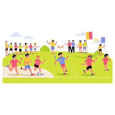 A vibrant school field day scene with children participating in a relay race. The students are wearing colorful team shirts of red, blue, green, and yellow. Several students are lined up at the starting line, eagerly waiting for their turn, while others are running energetically with batons in hand. In the background, there are cheering classmates and teachers holding banners, and bright flags are fluttering in the breeze. The grass is lush and green, and the sky is clear with a few fluffy clouds.