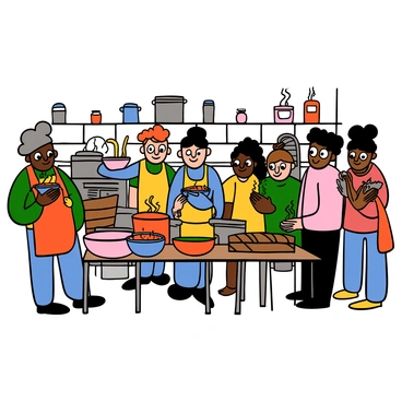 In a bustling soup kitchen, several volunteers with light skin and big eyes are serving hot meals to a long line of diverse people. The volunteers are wearing matching aprons and smiling as they scoop steaming soup into bowls. The line of people includes individuals with various skin tones, some of whom are holding cardboard trays. The kitchen is filled with bright colors and the aroma of food, with pots and pans visible in the background. There are tables set up with loaves of bread and condiments, contributing to the lively atmosphere of community support and generosity.