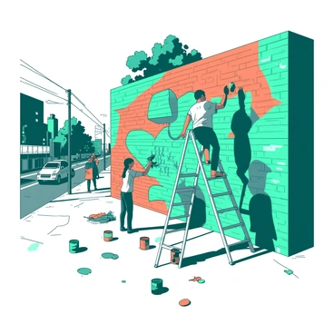 A vibrant mural is being painted on a textured brick wall in a Brooklyn neighborhood. The mural features large, dynamic shapes incorporating various designs in shades of teal and orange. A group of artists is actively working on the mural, with one artist standing on a ladder adding intricate details at the top while another artist is applying bold strokes at the bottom. Scattered paint cans in bright colors are placed on the ground, and the sun casts soft shadows of the artists onto the wall. The surrounding urban environment includes glimpses of a bustling street with people walking by and a few trees nearby.