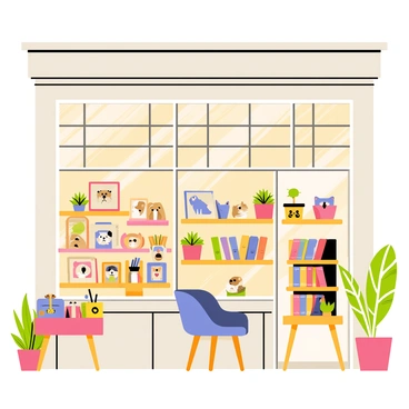 A quaint shop with a charming facade, featuring large windows adorned with potted plants. Inside, the walls are covered with an array of framed portraits of various pets, including dogs, cats, and birds, each with vibrant colors and unique styles. The shop has wooden shelves filled with art supplies and pet-themed merchandise. A cozy seating area is situated in one corner, with a comfortable chair and a small table displaying colorful sketchbooks. The warm lighting creates an inviting atmosphere throughout the shop.