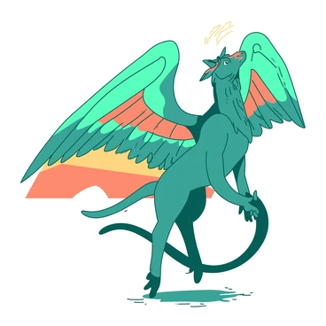 A mythical creature resembling Icarus stands gracefully, featuring large, colorful wings that display vibrant patterns of teal and orange. The creature's body is elegantly shaped, adorned with intricate markings that reflect its divine nature. It gazes upward, its expression filled with determination and longing. The wings are fully spread, showcasing their majestic span, catching the light and casting colorful shadows on the ground beneath. In the background, the sky transitions from warm orange hues near the horizon to a deeper teal as it rises, symbolizing the journey of aspiration.