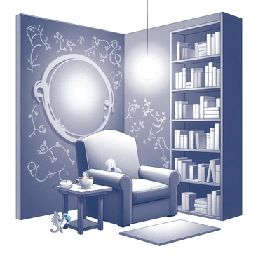 A cozy reading nook situated within a fantasy-themed library. The walls are adorned with intricate patterns featuring "whimsical decorations" such as swirling vines and enchanting symbols. Shelves are filled with ancient tomes and scrolls. A large, plush armchair sits in the center, with a small table beside it holding a steaming cup of tea. "Mythical creatures" inhabit the space, including a small dragon perched on the arm of the chair and a fairy fluttering nearby. Soft, ambient light emanates from a glowing orb suspended from the ceiling, casting gentle shadows around the room.