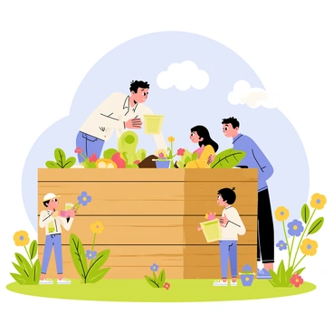 A family composting food waste in their backyard. The scene includes a wooden compost bin filled with a variety of food scraps such as fruit peels, vegetable bits, and coffee grounds. Surrounding the compost bin, there are green plants and colorful flowers blooming in the garden. The sky above is bright blue with a few fluffy white clouds. A father and mother are leaning over the compost bin, while two children are nearby, holding small buckets filled with food waste, excitedly preparing to add their scraps. Sunlight casts soft shadows across the ground, creating a warm and inviting atmosphere.