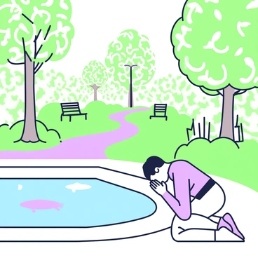 An individual is kneeling beside a reflection pool in a park. The person has their head bowed in a gesture of prayer. Surrounding the pool, there are various trees with thick trunks and a hedge that outlines the area. The surface of the water is smooth, reflecting the greenery and the sky above. In the distance, there is a path leading through the park, with benches placed occasionally along the way. Soft sunlight filters through the leaves, creating dappled light patterns on the ground.