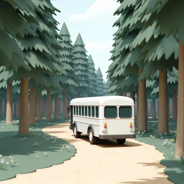 A white bus is driving along a narrow trail that winds through a dense forest. The bus has large windows, and its tires are slightly muddy from the terrain. Tall trees with thick green foliage surround the trail on both sides, their trunks showing various shades of brown. Sunlight filters through the leaves, casting dappled shadows on the bus as it moves forward. A few patches of wildflowers are visible along the edges of the trail, adding splashes of color to the scene.
