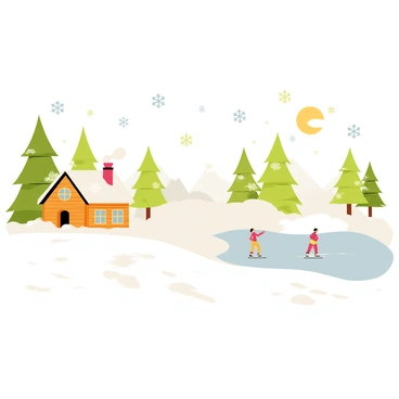 A winter wonderland scene featuring a blanket of white snow covering the ground. Delicate snowflakes falling from the sky, shaped like small strawberries with detailed leaf patterns. The background includes pine trees dusted with snow, and a soft glow of pale sunshine peeking through the branches. A small wooden cabin with smoke rising from the chimney is nestled among the trees, adding warmth to the cold environment. A frozen pond with a few ice skaters can be seen in the distance, creating a lively atmosphere.