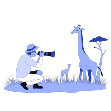 A photographer is crouched low in the tall grass on a safari, holding a telephoto lens aimed at a giraffe in the distance. The giraffe is stretching its long neck to nibble on leaves from a tall acacia tree. The photographer wears a wide-brimmed hat and has a focused expression as they look through the camera viewfinder. Surrounding them are patches of vegetation and the silhouettes of other animals in the background. The sky is clear, providing an unobstructed view of the wildlife scene.