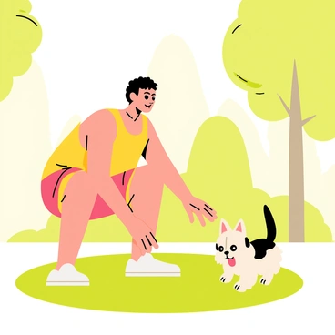 A person wearing a bright tank top and athletic shorts is performing sumo squats in a grassy park. The person has a focused expression on their face as they lower their body into a squat, with their feet positioned wide apart. A small, playful dog with fluffy fur and a wagging tail is playfully jumping around them, attempting to mimic the squat movement. The dog's ears are perked up, and its tongue is out, showing excitement. Sunlight filters through the trees in the background, creating a cheerful atmosphere.
