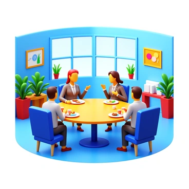 A group of agents sitting around a round table in a modern cafeteria. Each agent is dressed in professional attire, engaged in conversation while enjoying their meals. The table is adorned with various plates of food and drinks. The cafeteria features vibrant decor, with colorful wall art, hanging plants, and bright furniture. Large windows allow natural light to flood the space, highlighting the cheerful atmosphere.