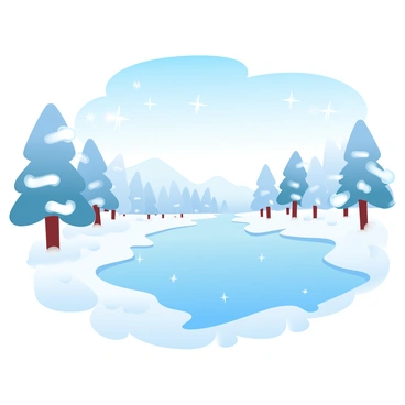 A frozen landscape with icy trees and a frozen lake