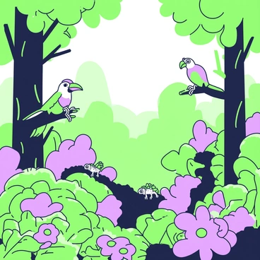 A dense rainforest scene filled with a variety of plants and animals. In the foreground, there are large green leaves and towering trees, with various shades of foliage. A colorful bird, standing on a branch, has a pronounced beak and vibrant plumage. Nearby, a cluster of flowers with distinct shapes adds to the diversity of the scene. A small monkey can be seen climbing a tree trunk, while a lizard rests on a rock covered in moss. Above, the canopy is sprinkled with dappled light filtering through the leaves. In the background, more trees rise into the mist, creating a sense of depth in the lush environment.